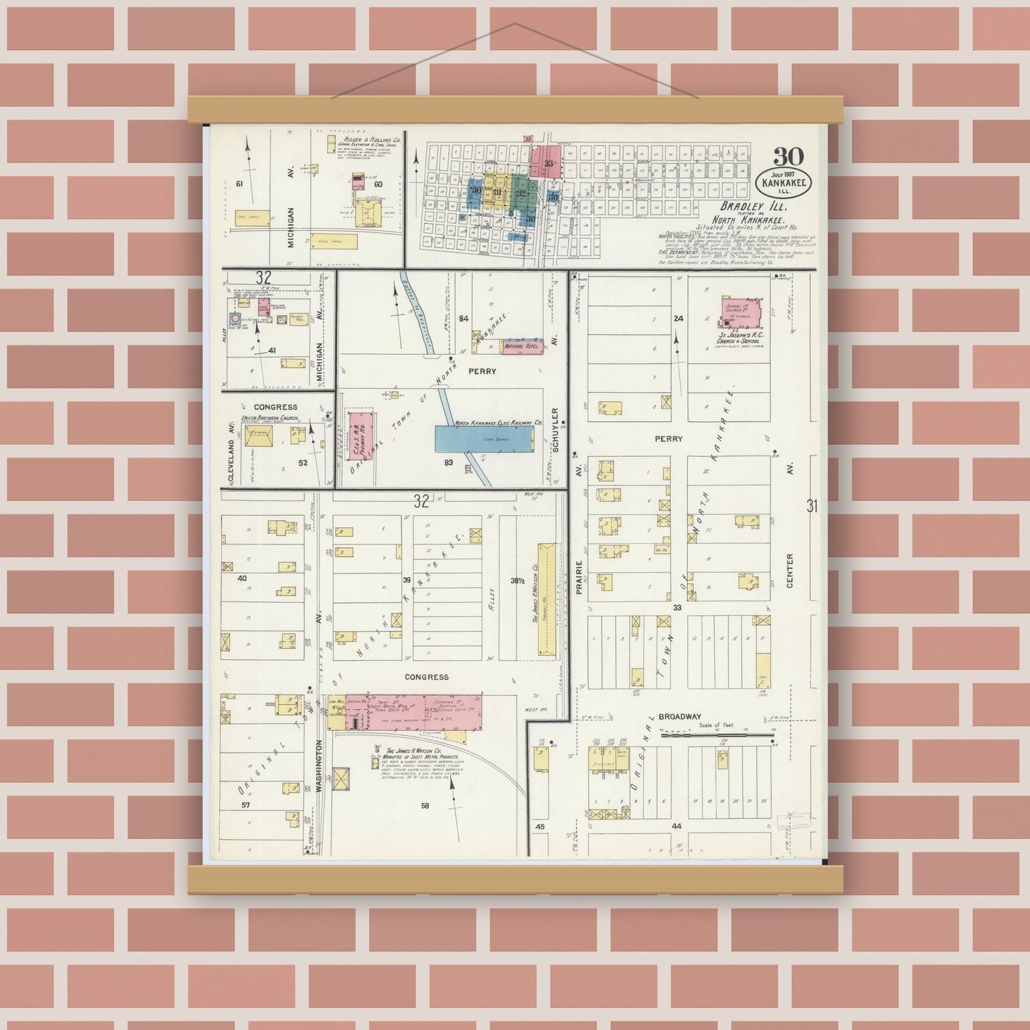 Old map wall art mockup — magnetic wood frame on brick wall — Sanborn Fire Insurance Map from Kankakee, Kankakee County, Illinois (1907), Sheet #0030