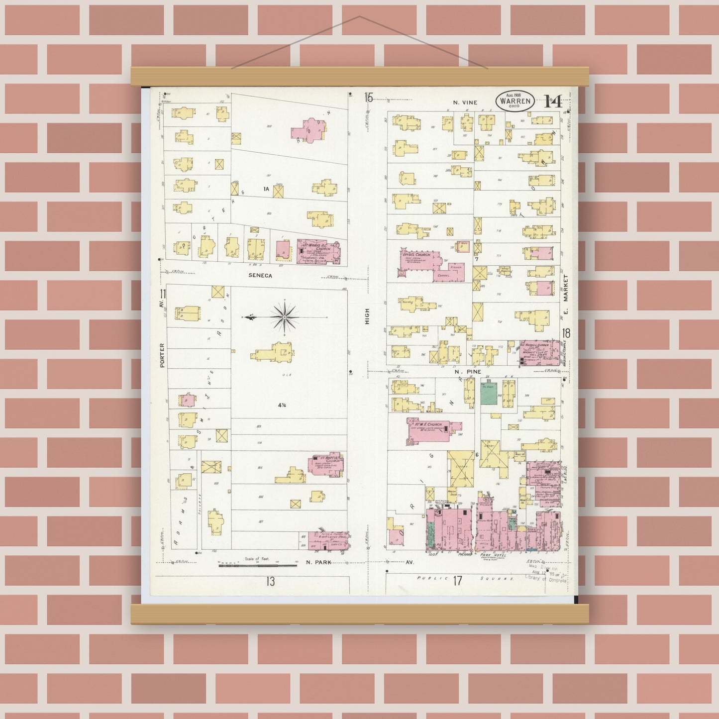 Old map wall art mockup — magnetic wood frame on brick wall — Sanborn Fire Insurance Map from Warren, Trumbull County, Ohio (1908), Sheet #0014