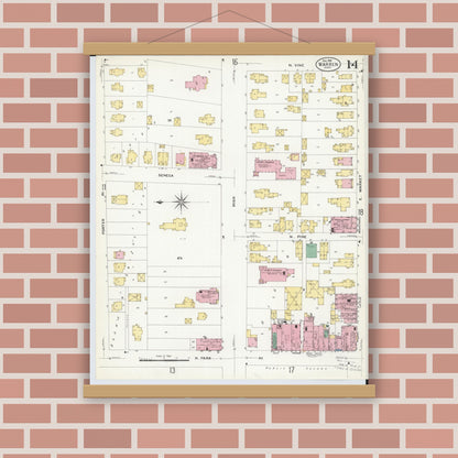 Old map wall art mockup — magnetic wood frame on brick wall — Sanborn Fire Insurance Map from Warren, Trumbull County, Ohio (1908), Sheet #0014
