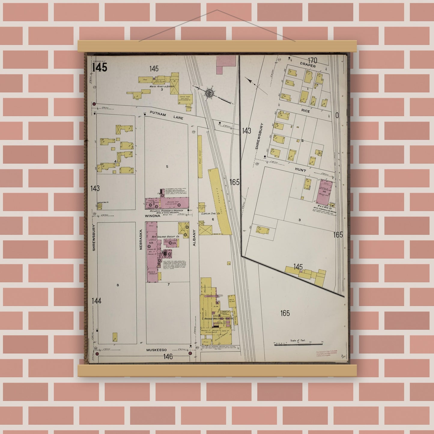 Old map wall art mockup — magnetic wood frame on brick wall — Sanborn Fire Insurance Map from Worcester, Worcester County, Massachusetts (1910), Sheet #0145