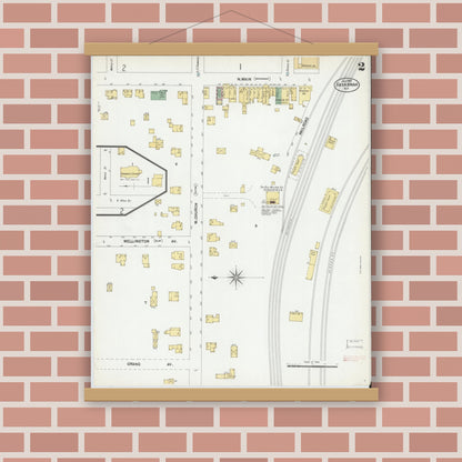 Old map wall art mockup — magnetic wood frame on brick wall — Sanborn Fire Insurance Map from Savannah, Wayne County, New York (1901), Sheet #0002