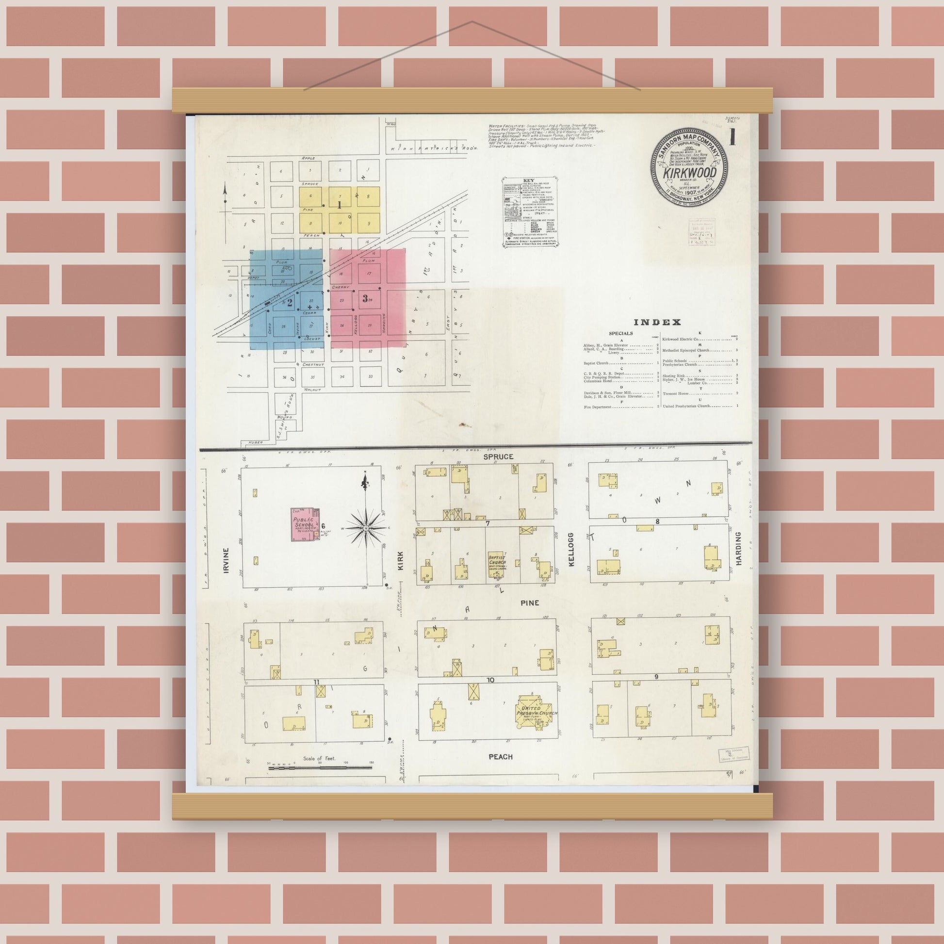Old map wall art mockup — magnetic wood frame on brick wall — Sanborn Fire Insurance Map from Kirkwood, Warren County, Illinois (1907), Sheet #0001
