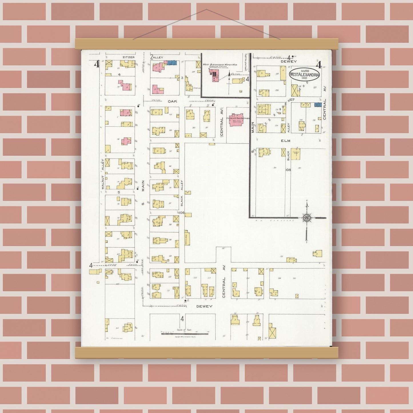 Old map wall art mockup — magnetic wood frame on brick wall — Sanborn Fire Insurance Map from West Alexandria, Preble County, Ohio (1926), Sheet #0004