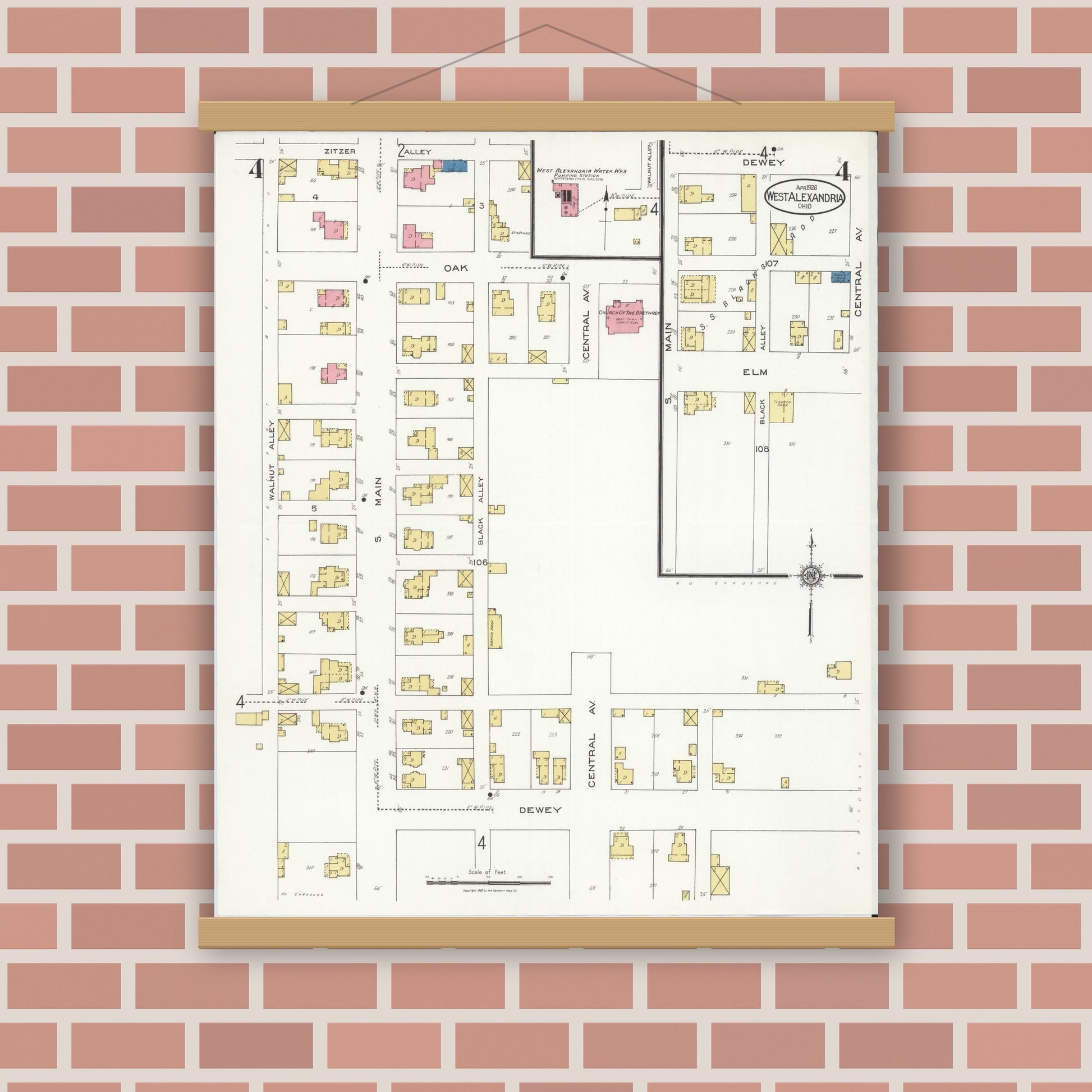 Old map wall art mockup — magnetic wood frame on brick wall — Sanborn Fire Insurance Map from West Alexandria, Preble County, Ohio (1926), Sheet #0004