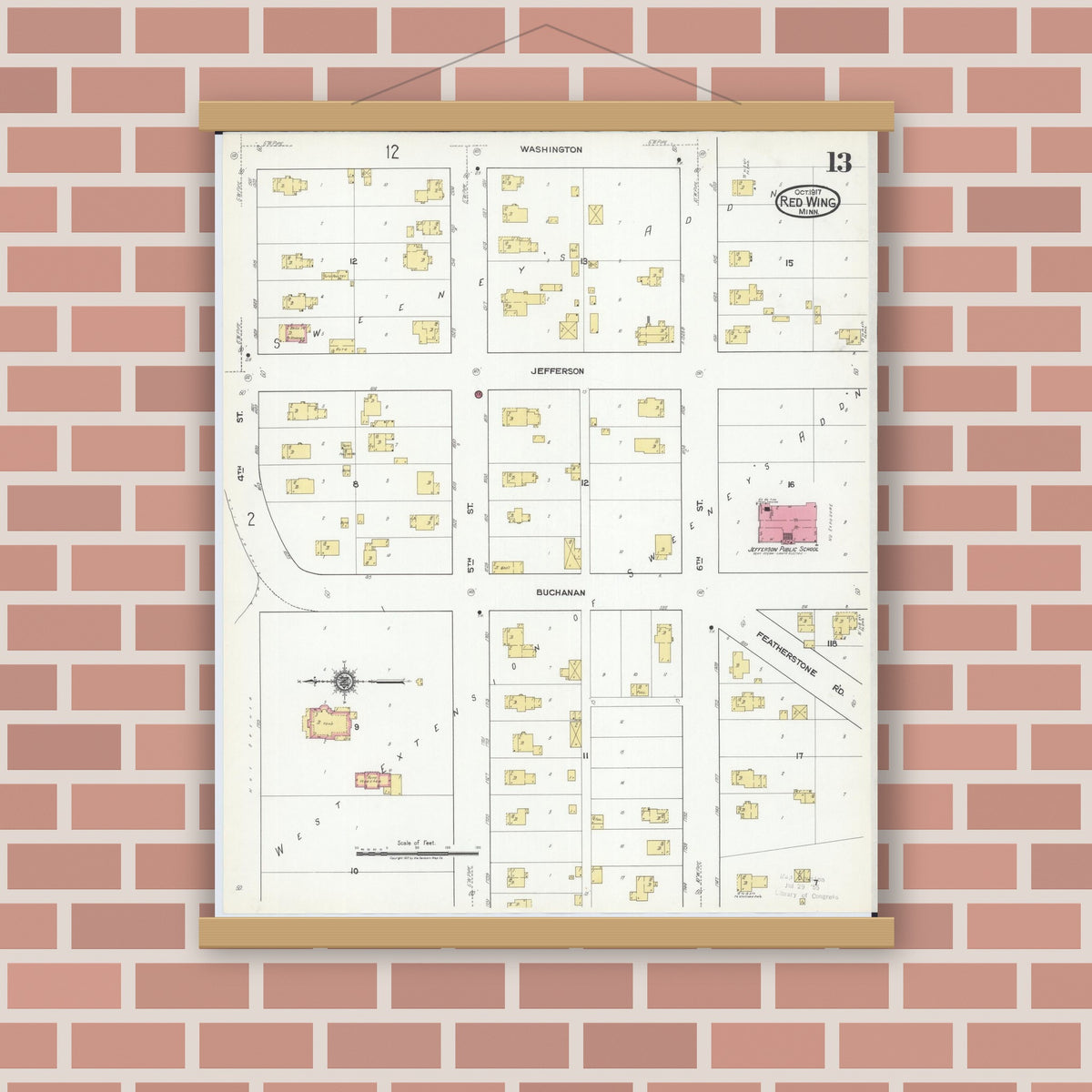 Old map wall art mockup — magnetic wood frame on brick wall — Sanborn Fire Insurance Map from Red Wing, Goodhue County, Minnesota (1917), Sheet #0013