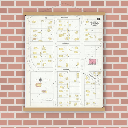 Old map wall art mockup — magnetic wood frame on brick wall — Sanborn Fire Insurance Map from Red Wing, Goodhue County, Minnesota (1917), Sheet #0013