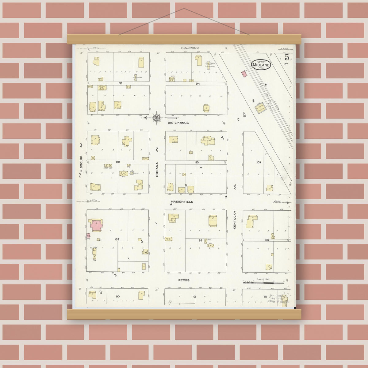 Old map wall art mockup — magnetic wood frame on brick wall — Sanborn Fire Insurance Map from Midland, Midland County, Texas (1914), Sheet #0005