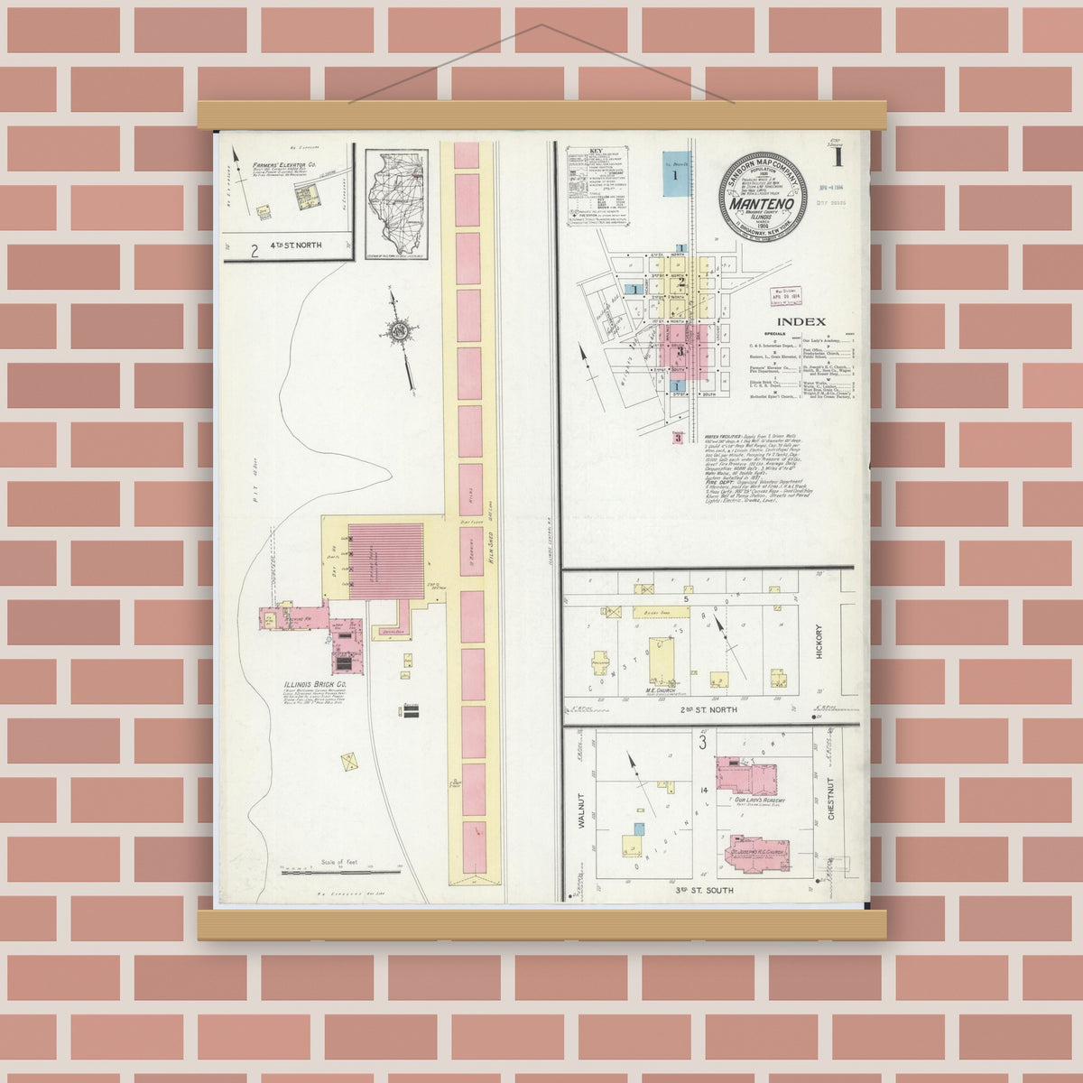 Old map wall art mockup — magnetic wood frame on brick wall — Sanborn Fire Insurance Map from Manteno, Kankakee County, Illinois (1914) - Complete Map Set