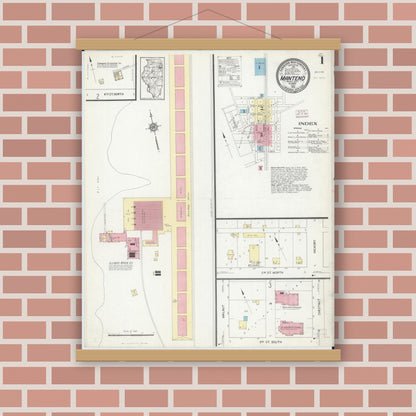 Old map wall art mockup — magnetic wood frame on brick wall — Sanborn Fire Insurance Map from Manteno, Kankakee County, Illinois (1914) - Complete Map Set
