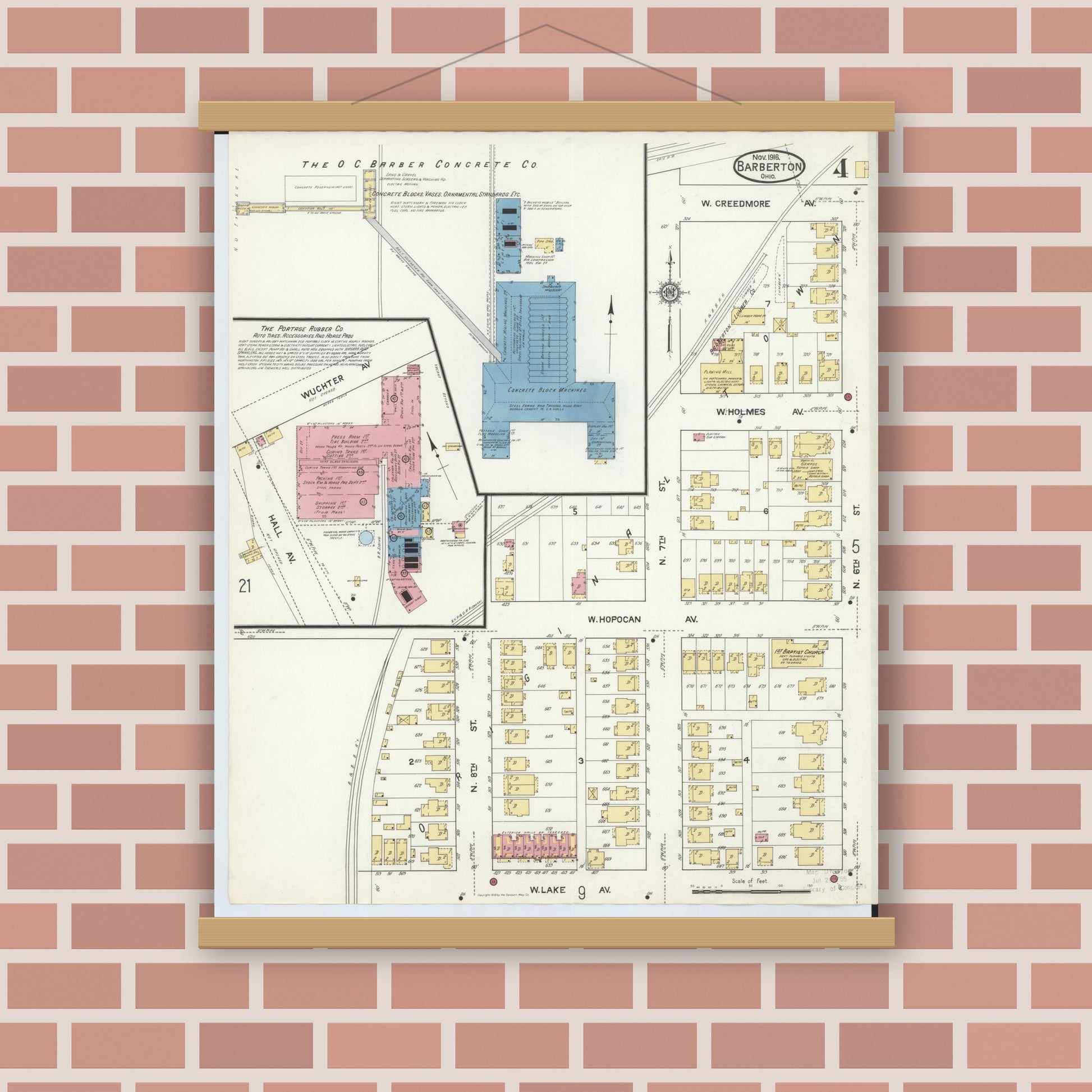 Old map wall art mockup — magnetic wood frame on brick wall — Sanborn Fire Insurance Map from Barberton, Summit County, Ohio (1916), Sheet #0004