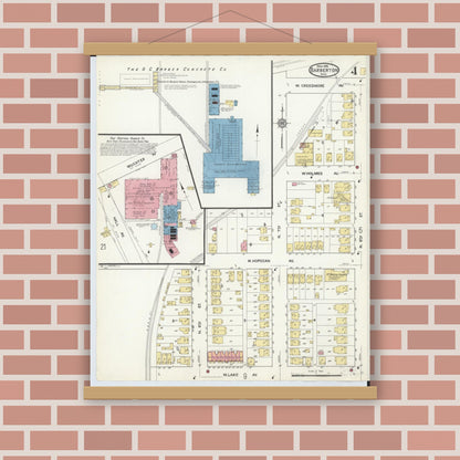 Old map wall art mockup — magnetic wood frame on brick wall — Sanborn Fire Insurance Map from Barberton, Summit County, Ohio (1916), Sheet #0004