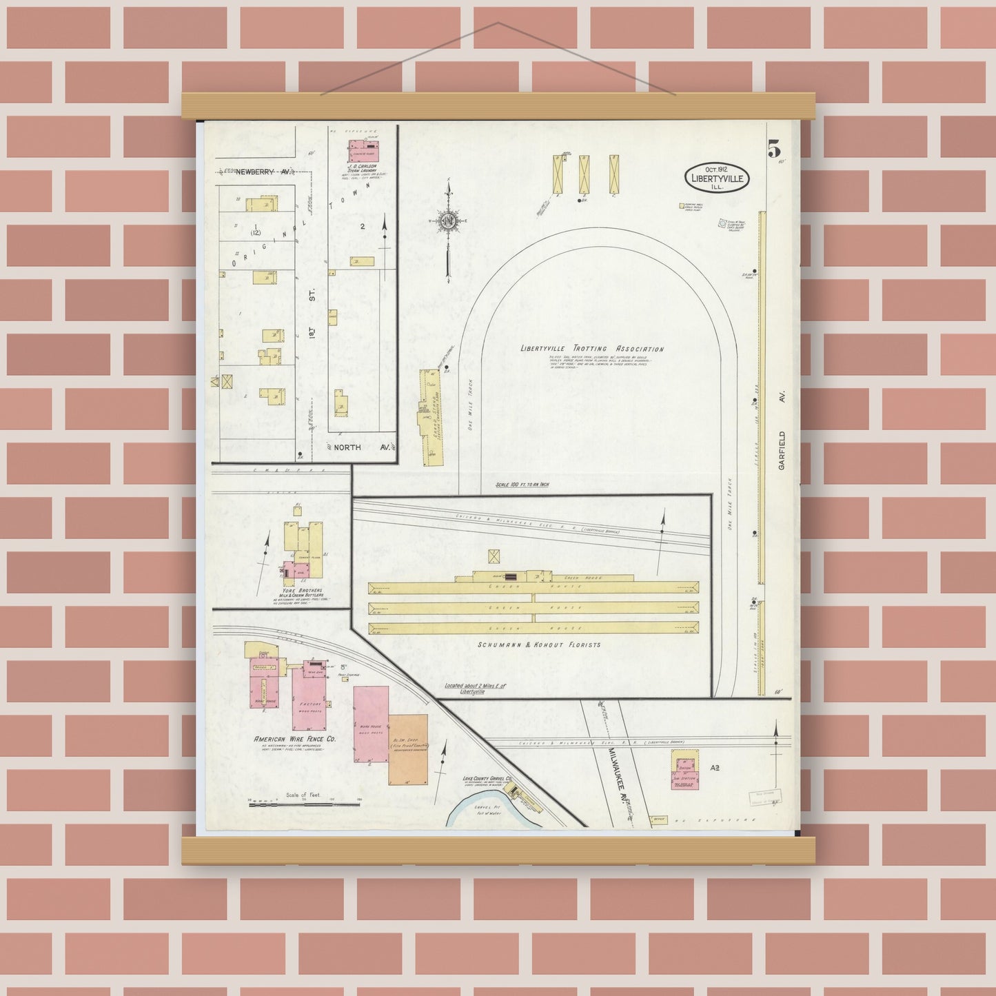Old map wall art mockup — magnetic wood frame on brick wall — Sanborn Fire Insurance Map from Libertyville, Lake County, Illinois (1912), Sheet #0005