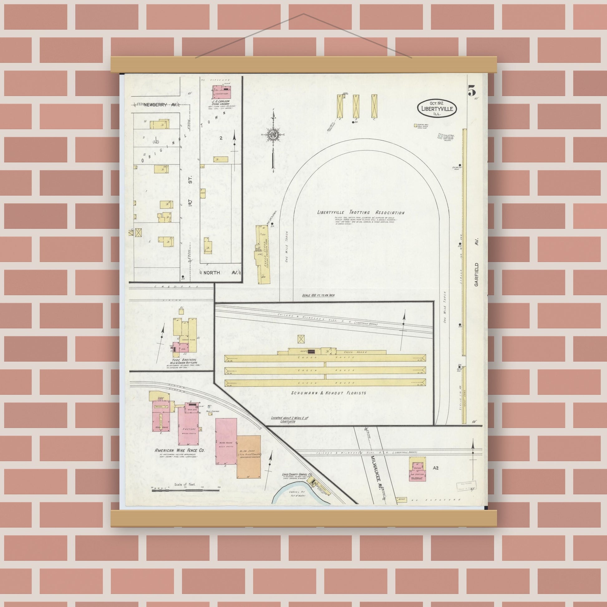 Old map wall art mockup — magnetic wood frame on brick wall — Sanborn Fire Insurance Map from Libertyville, Lake County, Illinois (1912), Sheet #0005