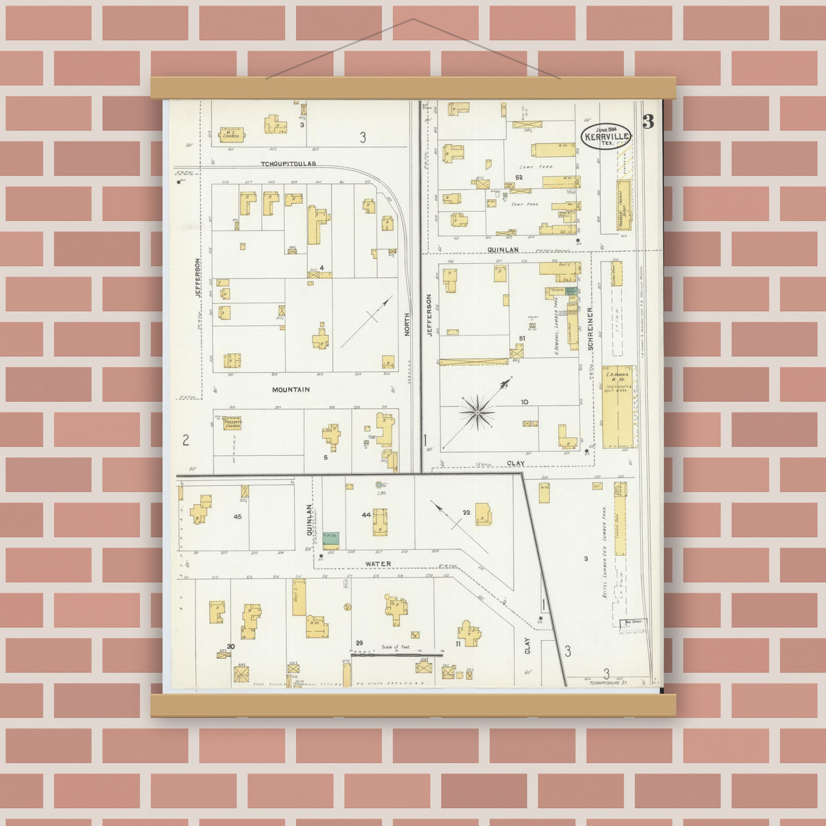 Old map wall art mockup — magnetic wood frame on brick wall — Sanborn Fire Insurance Map from Kerrville, Kerr County, Texas (1904), Sheet #0003