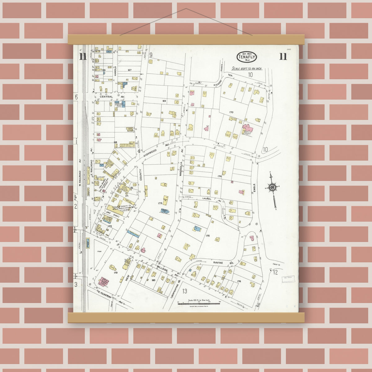 Old map wall art mockup — magnetic wood frame on brick wall — Sanborn Fire Insurance Map from Tenafly, Bergen County, New Jersey (1923), Sheet #0011