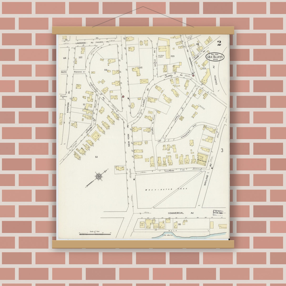 Old map wall art mockup — magnetic wood frame on brick wall — Sanborn Fire Insurance Map from Oak Bluffs, Dukes County, Massachusetts (1914), Sheet #0002