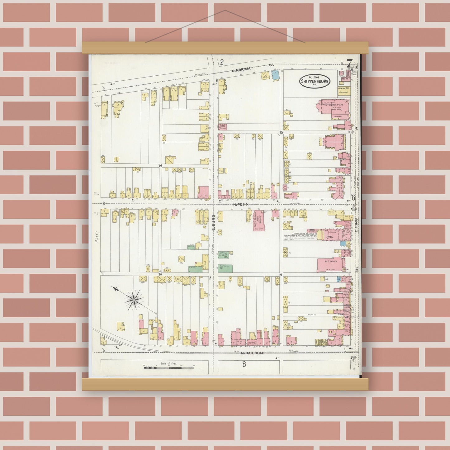 Old map wall art mockup — magnetic wood frame on brick wall — Sanborn Fire Insurance Map from Shippensburg, Cumberland And Franklin Counties, Pennsylvania (1904), Sheet #0007