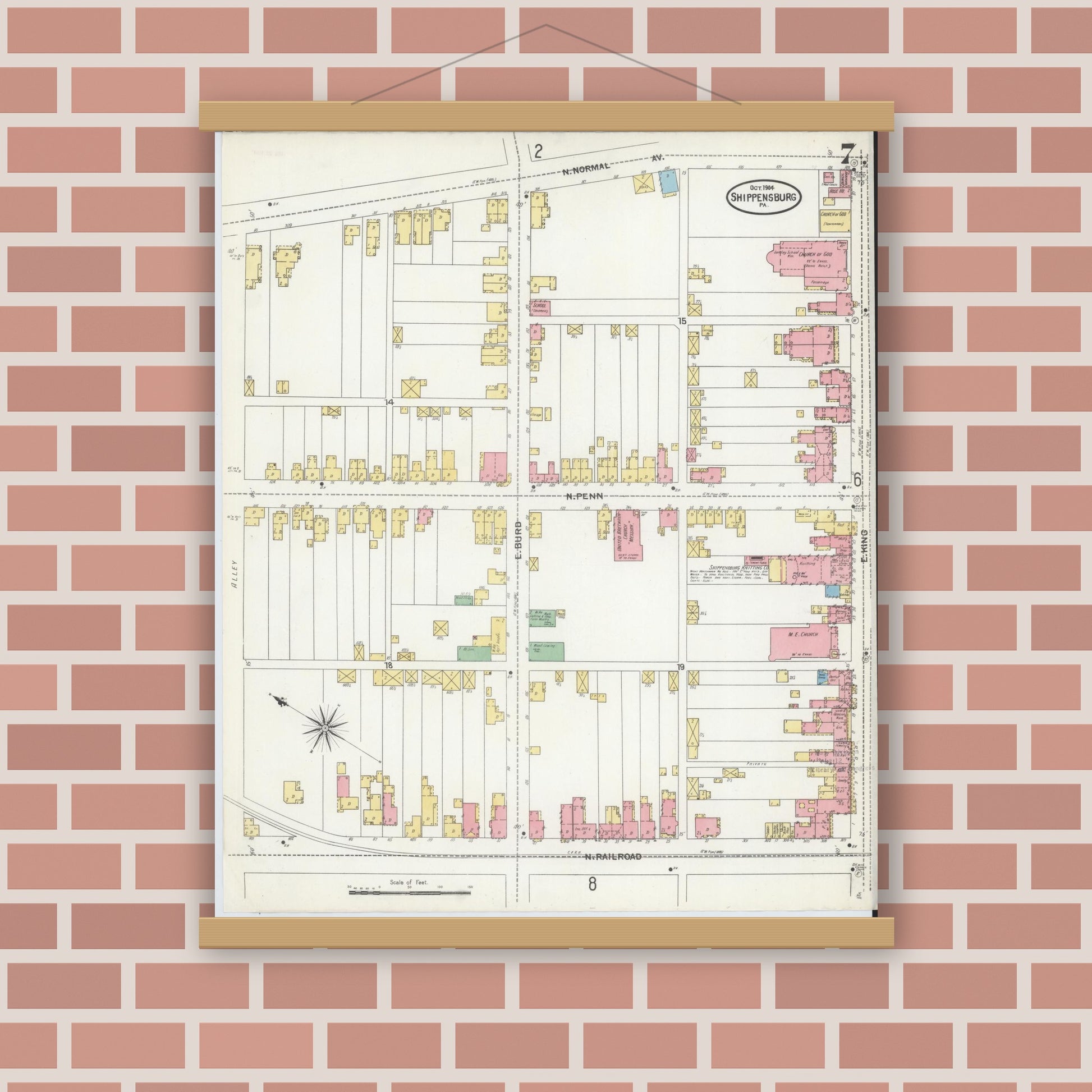 Old map wall art mockup — magnetic wood frame on brick wall — Sanborn Fire Insurance Map from Shippensburg, Cumberland And Franklin Counties, Pennsylvania (1904), Sheet #0007