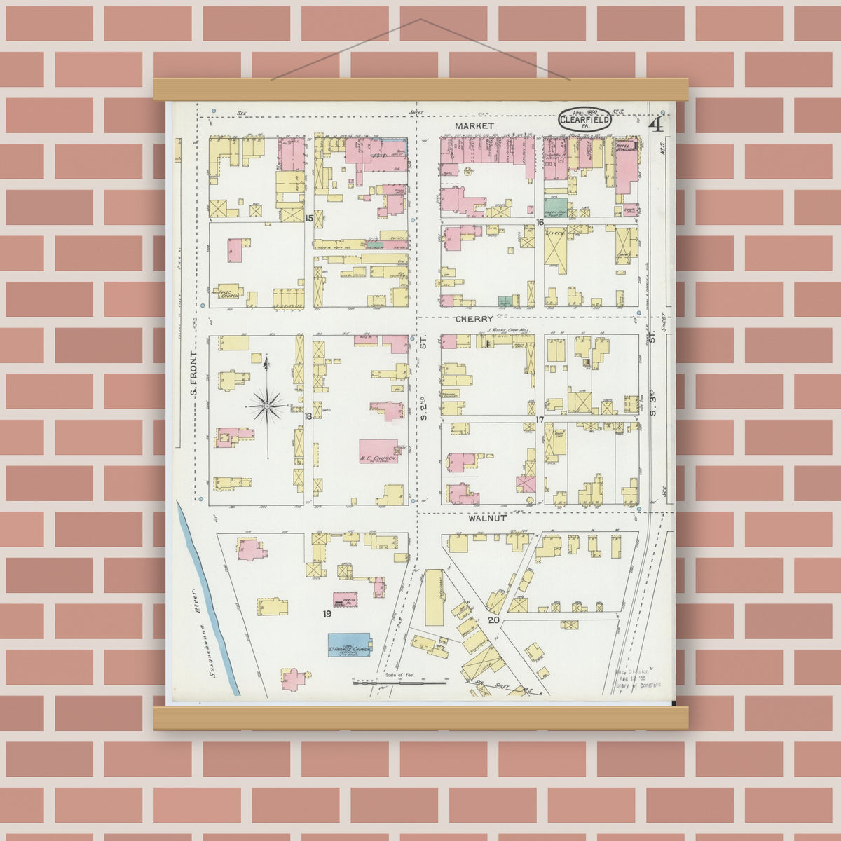 Old map wall art mockup — magnetic wood frame on brick wall — Sanborn Fire Insurance Map from Clearfield, Clearfield County, Pennsylvania (1892), Sheet #0004