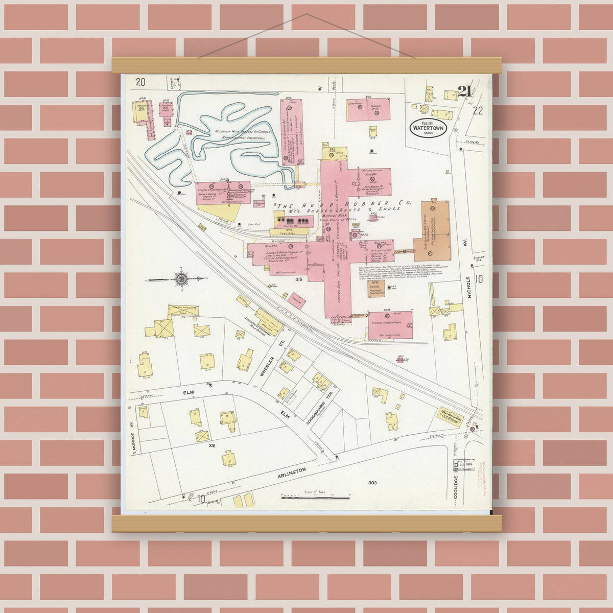 Old map wall art mockup — magnetic wood frame on brick wall — Sanborn Fire Insurance Map from Watertown, Middlesex County, Massachusetts (1911), Sheet #0021