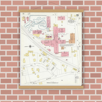 Old map wall art mockup — magnetic wood frame on brick wall — Sanborn Fire Insurance Map from Watertown, Middlesex County, Massachusetts (1911), Sheet #0021