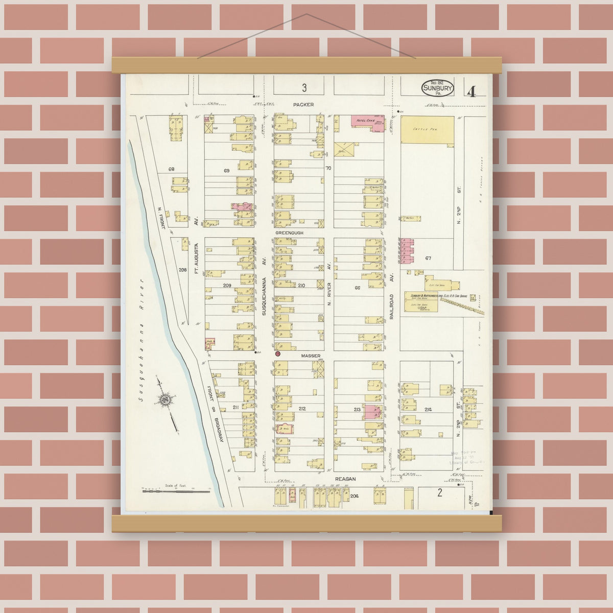 Old map wall art mockup — magnetic wood frame on brick wall — Sanborn Fire Insurance Map from Sunbury, Northumberland County, Pennsylvania (1912), Sheet #0004