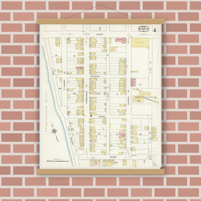 Old map wall art mockup — magnetic wood frame on brick wall — Sanborn Fire Insurance Map from Sunbury, Northumberland County, Pennsylvania (1912), Sheet #0004