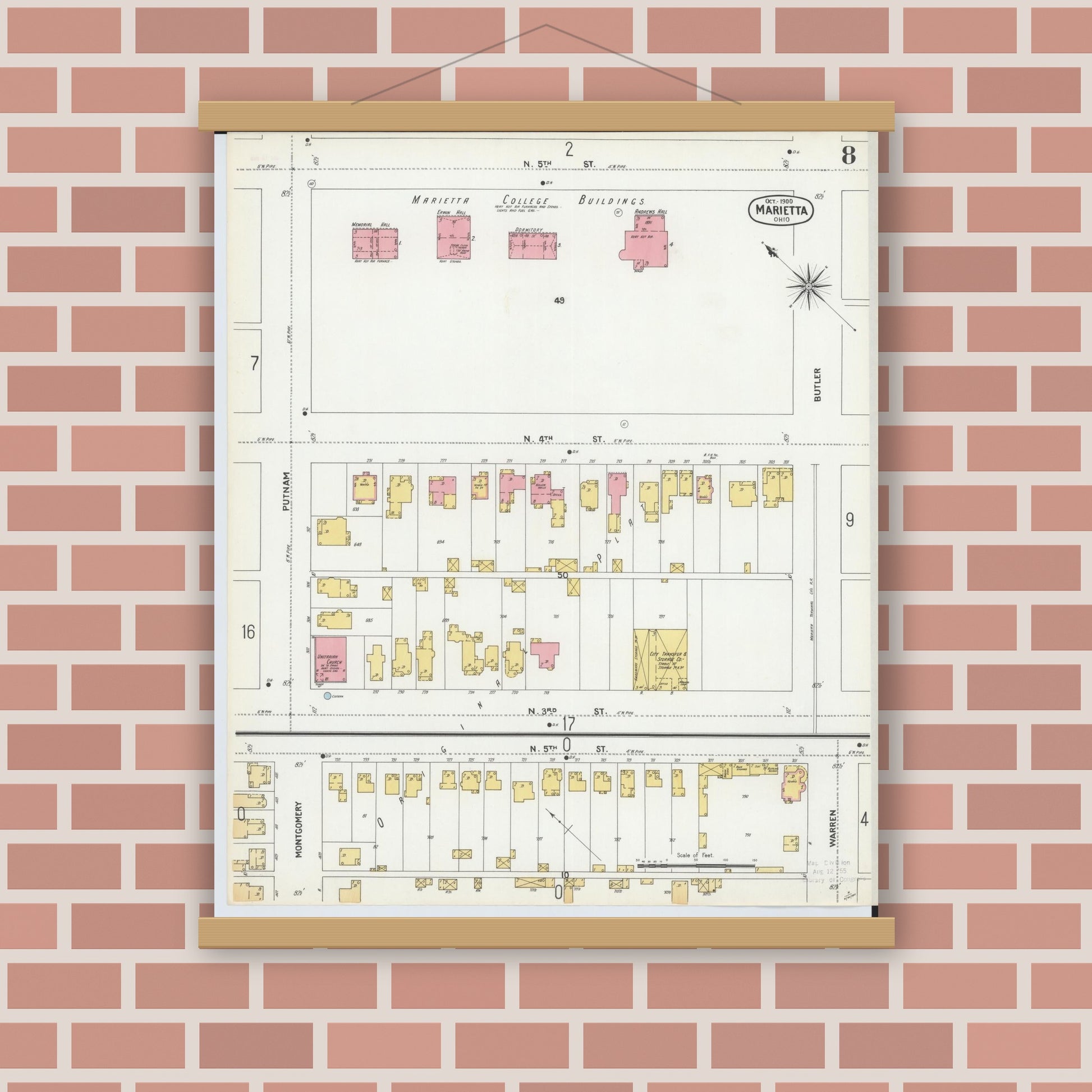 Old map wall art mockup — magnetic wood frame on brick wall — Sanborn Fire Insurance Map from Marietta, Washington County, Ohio (1900), Sheet #0008