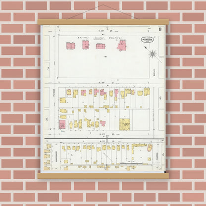 Old map wall art mockup — magnetic wood frame on brick wall — Sanborn Fire Insurance Map from Marietta, Washington County, Ohio (1900), Sheet #0008