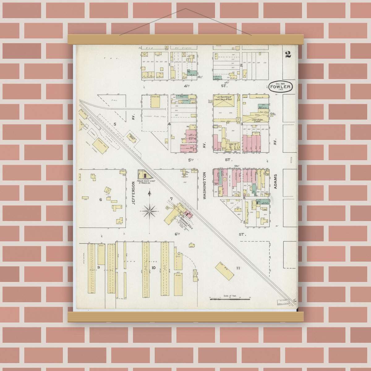 Old map wall art mockup — magnetic wood frame on brick wall — Sanborn Fire Insurance Map from Fowler, Benton County, Indiana (1892), Sheet #0002