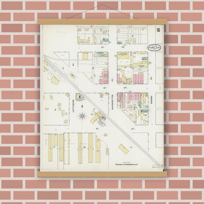 Old map wall art mockup — magnetic wood frame on brick wall — Sanborn Fire Insurance Map from Fowler, Benton County, Indiana (1892), Sheet #0002