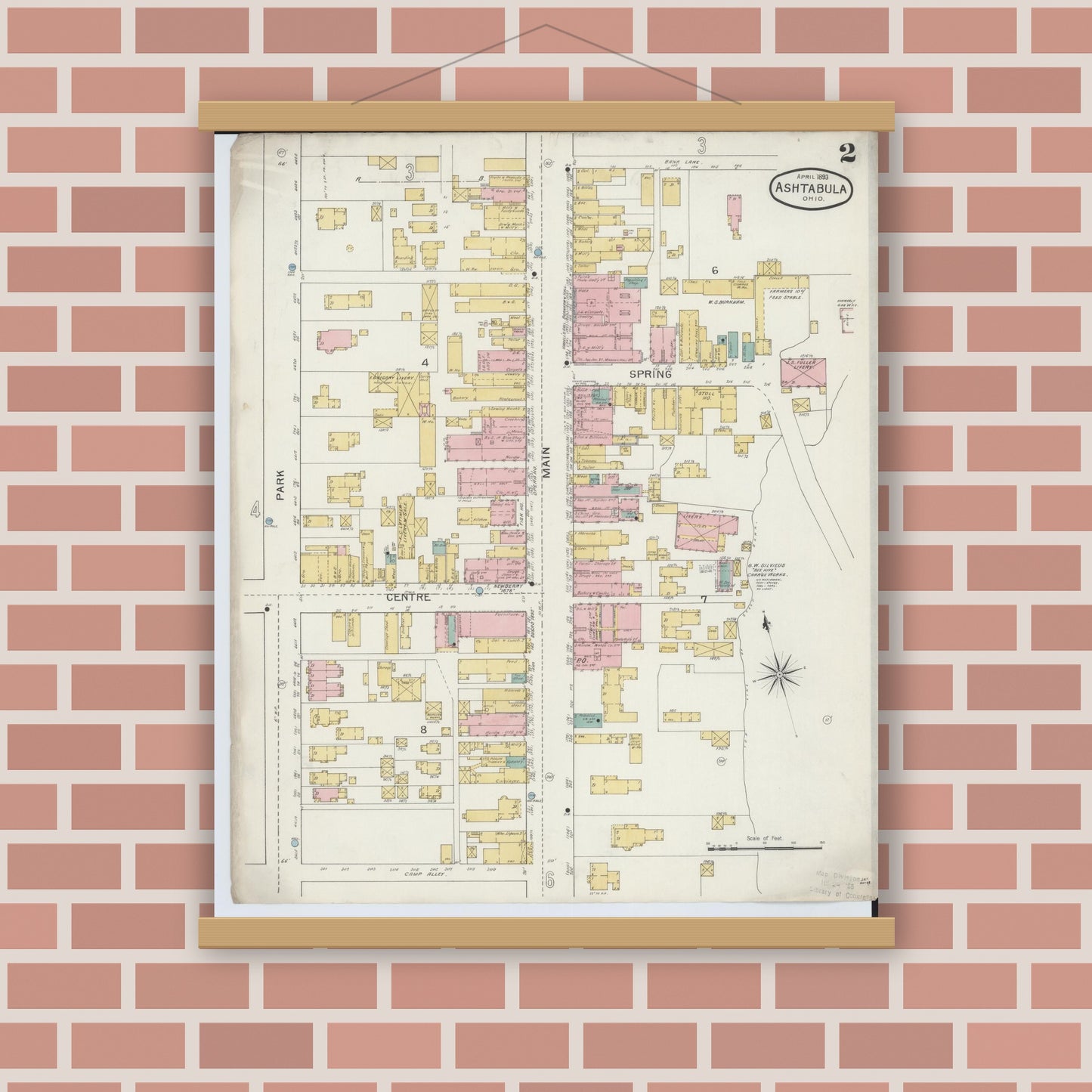 Old map wall art mockup — magnetic wood frame on brick wall — Sanborn Fire Insurance Map from Ashtabula, Ashtabula County, Ohio (1893), Sheet #0002
