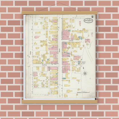 Old map wall art mockup — magnetic wood frame on brick wall — Sanborn Fire Insurance Map from Ashtabula, Ashtabula County, Ohio (1893), Sheet #0002