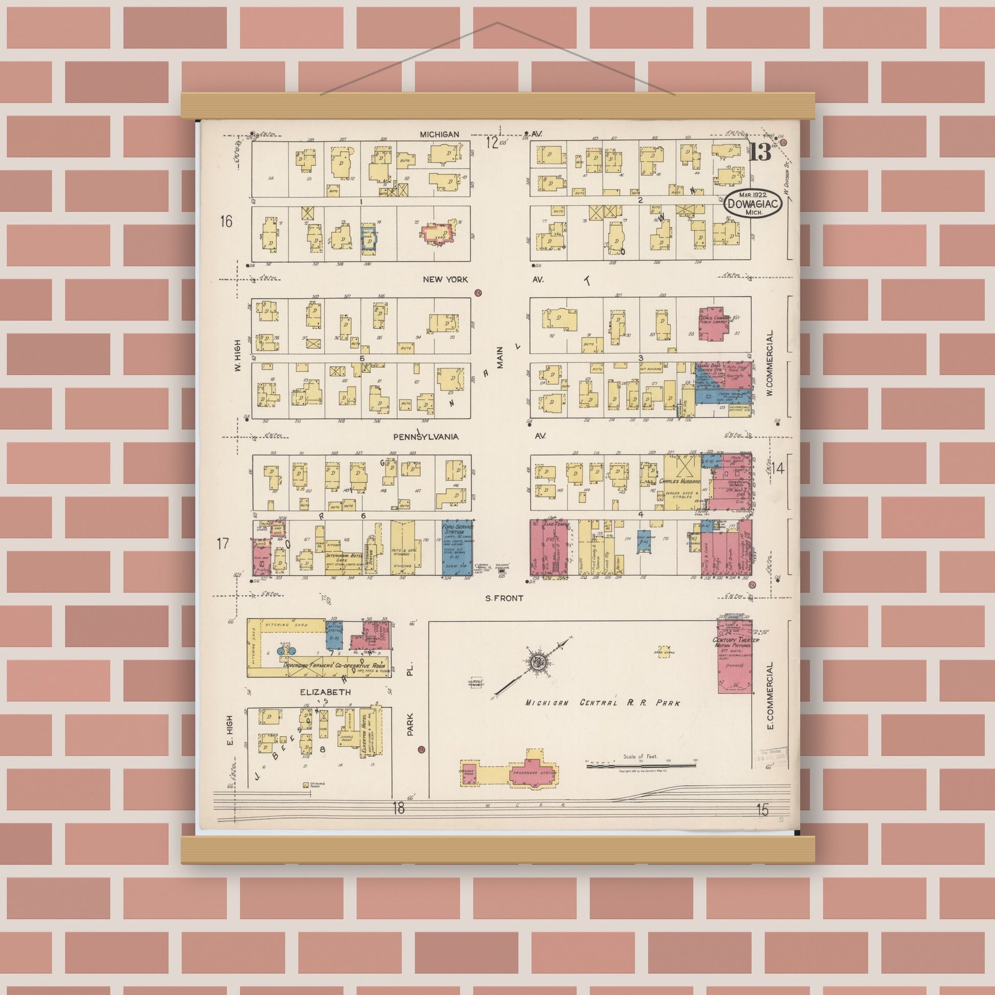 Old map wall art mockup — magnetic wood frame on brick wall — Sanborn Fire Insurance Map from Dowagiac, Cass County, Michigan (1922), Sheet #0013
