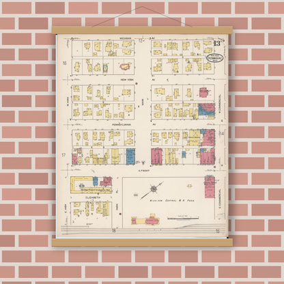 Old map wall art mockup — magnetic wood frame on brick wall — Sanborn Fire Insurance Map from Dowagiac, Cass County, Michigan (1922), Sheet #0013