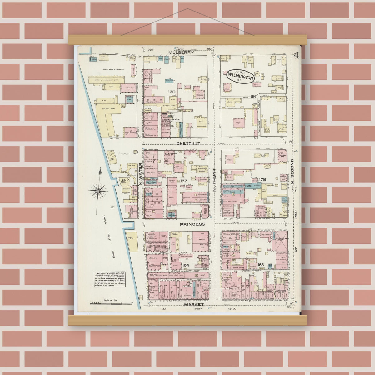 Old map wall art mockup — magnetic wood frame on brick wall — Sanborn Fire Insurance Map from Wilmington, New Hanover County, North Carolina (1884), Sheet #0004