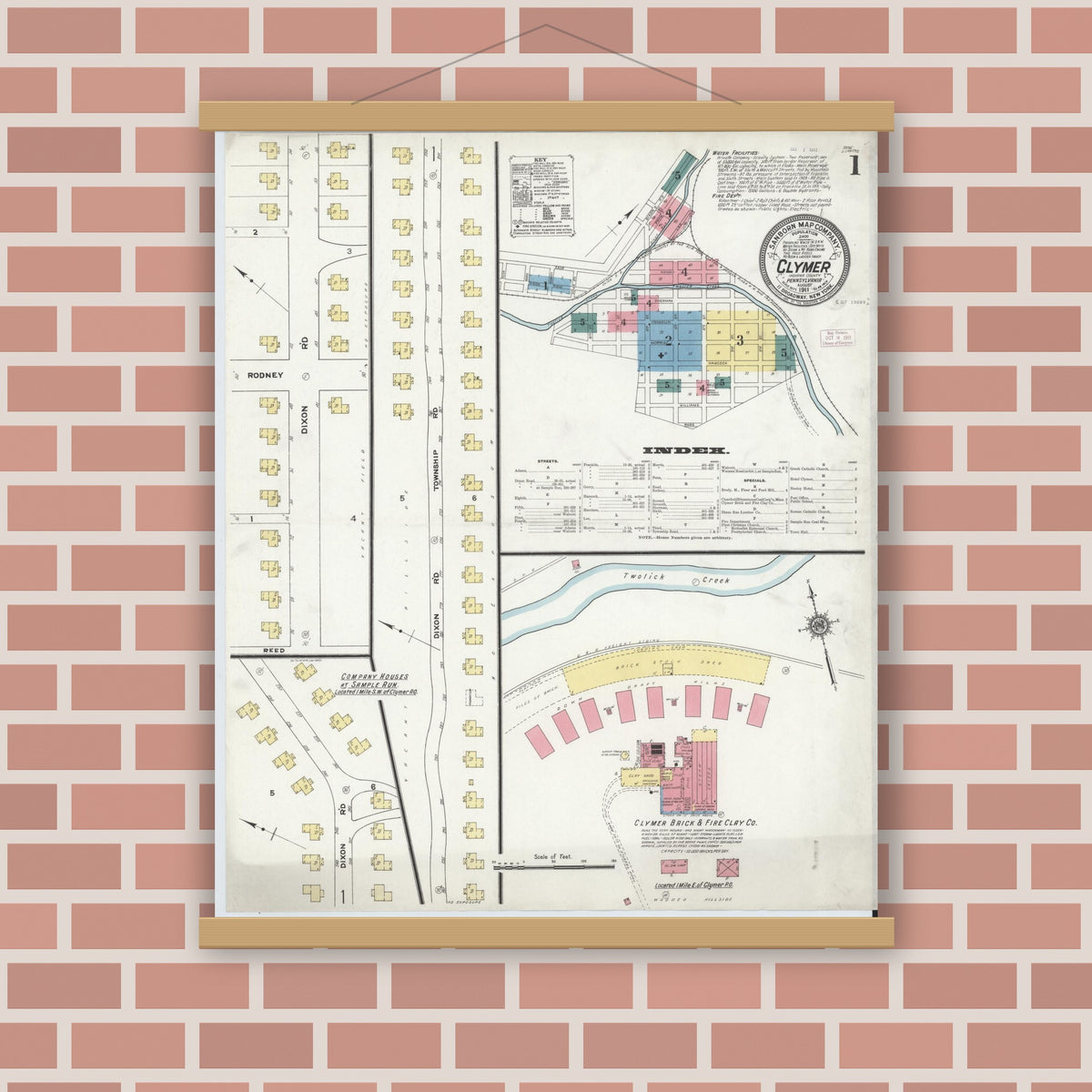 Old map wall art mockup — magnetic wood frame on brick wall — Sanborn Fire Insurance Map from Clymer, Indiana County, Pennsylvania (1911), Sheet #0001