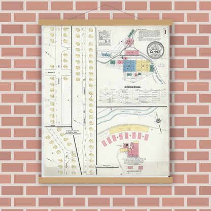 Old map wall art mockup — magnetic wood frame on brick wall — Sanborn Fire Insurance Map from Clymer, Indiana County, Pennsylvania (1911), Sheet #0001