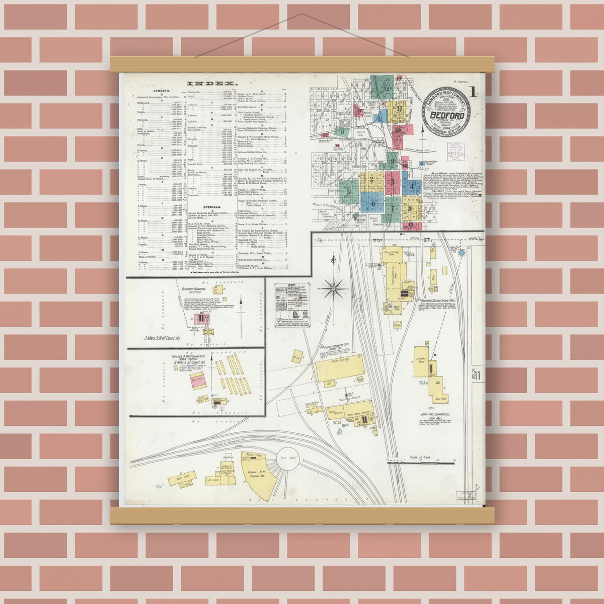 Old map wall art mockup — magnetic wood frame on brick wall — Sanborn Fire Insurance Map from Bedford, Lawrence County, Indiana (1904) - Complete Map Set