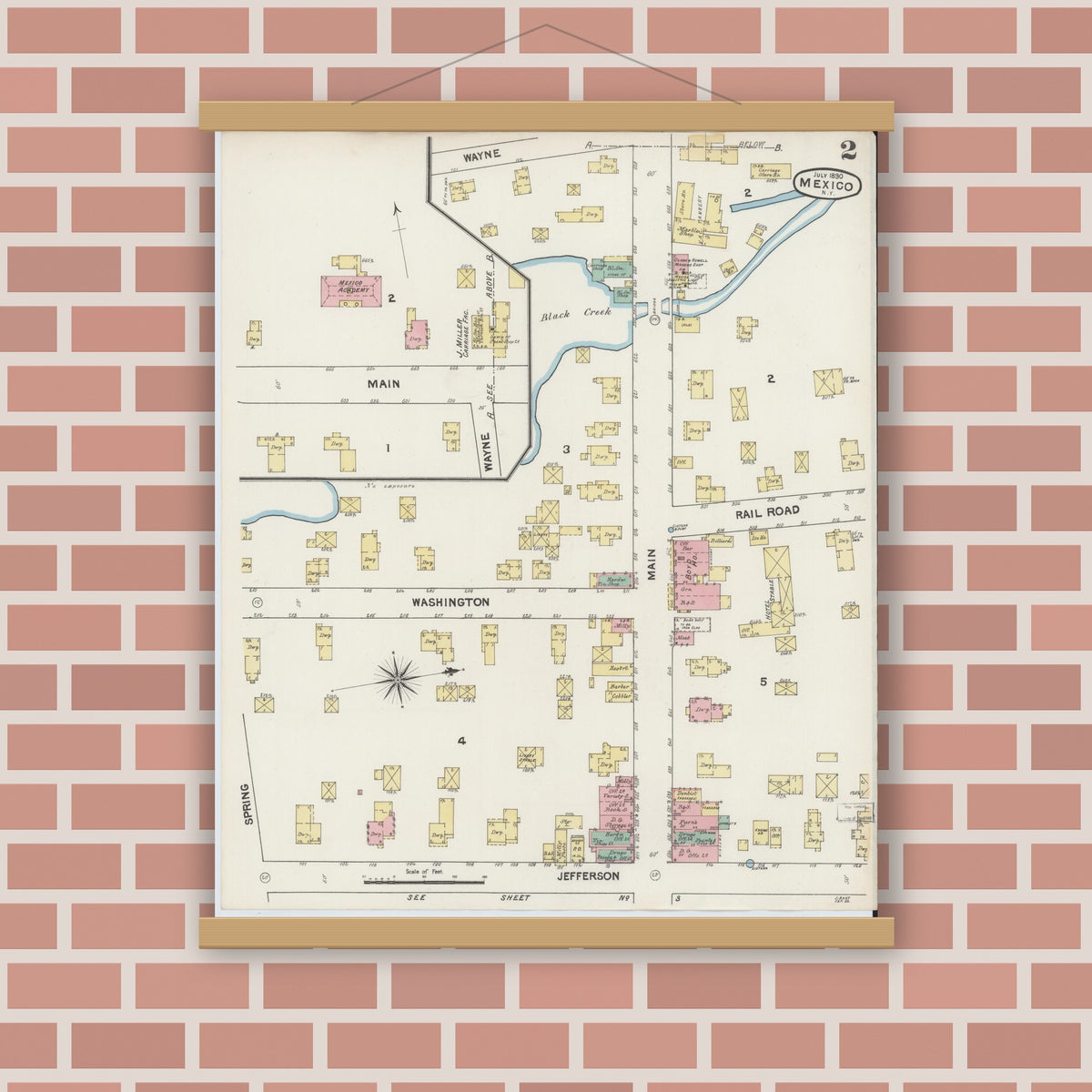 Old map wall art mockup — magnetic wood frame on brick wall — Sanborn Fire Insurance Map from Mexico, Oswego County, New York (1890), Sheet #0002