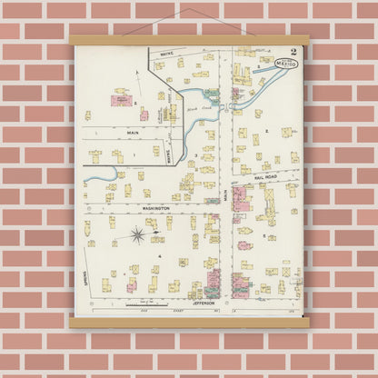Old map wall art mockup — magnetic wood frame on brick wall — Sanborn Fire Insurance Map from Mexico, Oswego County, New York (1890), Sheet #0002