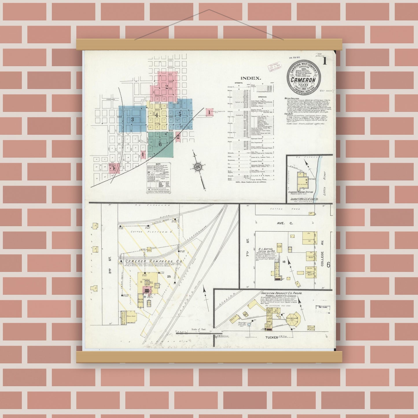 Old map wall art mockup — magnetic wood frame on brick wall — Sanborn Fire Insurance Map from Cameron, Milam County, Texas (1912), Sheet #0001