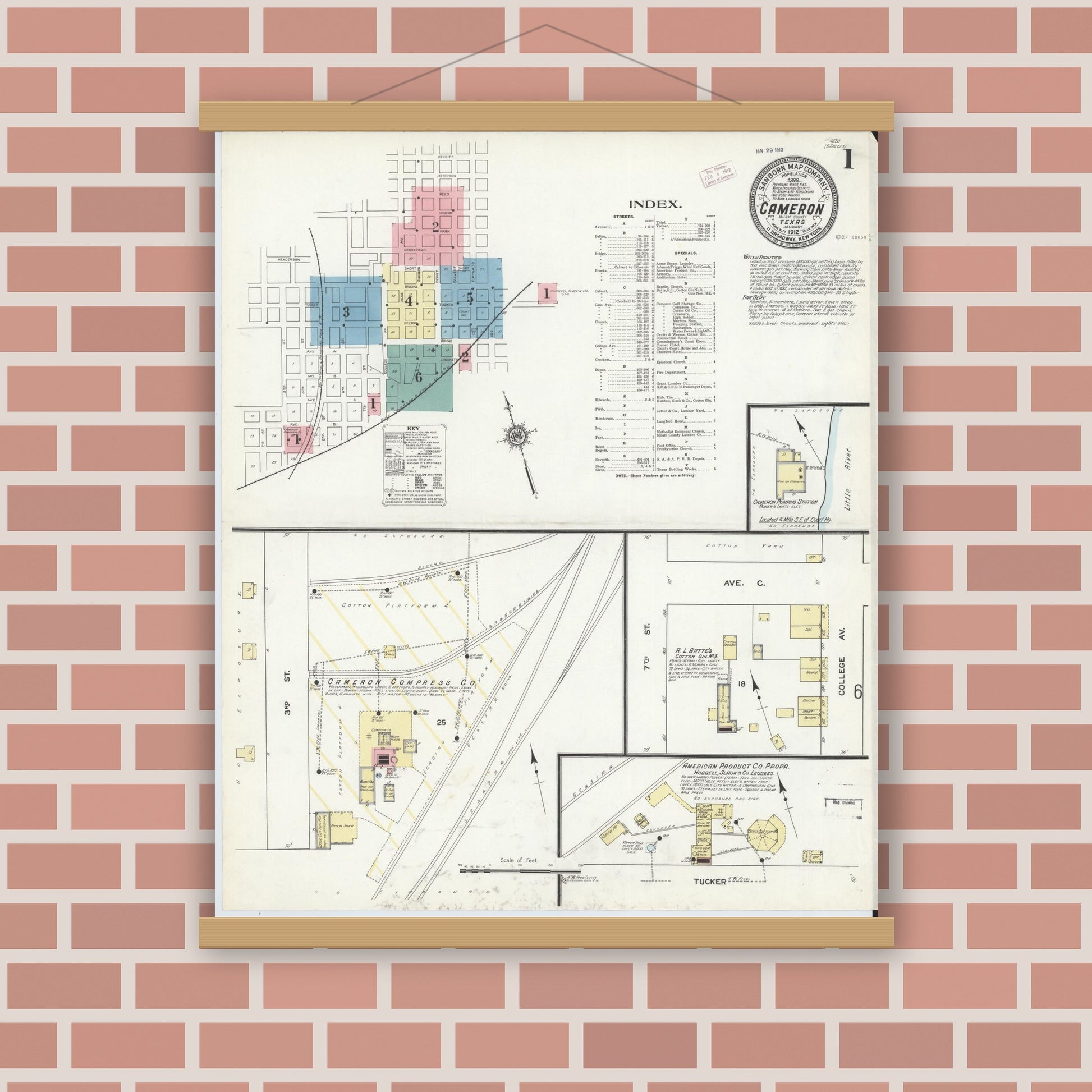 Old map wall art mockup — magnetic wood frame on brick wall — Sanborn Fire Insurance Map from Cameron, Milam County, Texas (1912), Sheet #0001