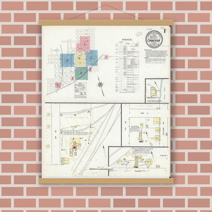 Old map wall art mockup — magnetic wood frame on brick wall — Sanborn Fire Insurance Map from Cameron, Milam County, Texas (1912), Sheet #0001
