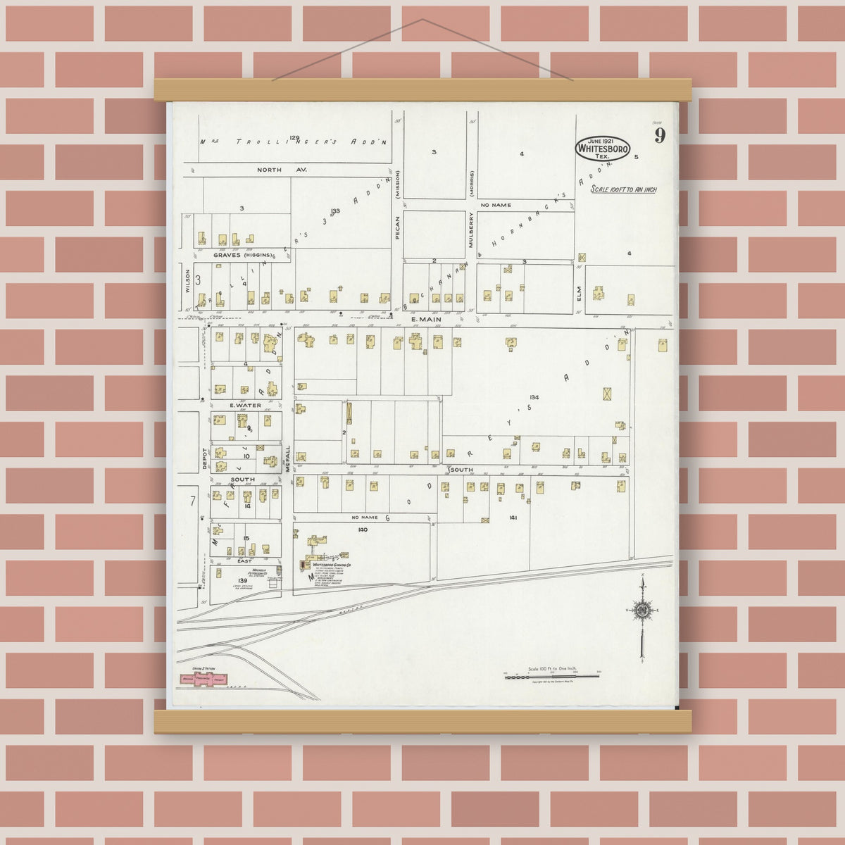 Old map wall art mockup — magnetic wood frame on brick wall — Sanborn Fire Insurance Map from Whitesboro, Grayson County, Texas (1921), Sheet #0009