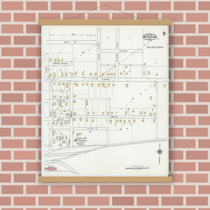 Old map wall art mockup — magnetic wood frame on brick wall — Sanborn Fire Insurance Map from Whitesboro, Grayson County, Texas (1921), Sheet #0009