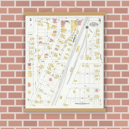 Old map wall art mockup — magnetic wood frame on brick wall — Sanborn Fire Insurance Map from Blanchester, Clinton County, Ohio (1925), Sheet #0005