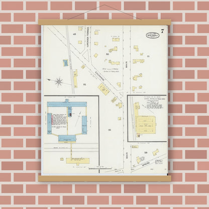 Old map wall art mockup — magnetic wood frame on brick wall — Sanborn Fire Insurance Map from Medway, Norfolk County, Massachusetts (1892), Sheet #0007