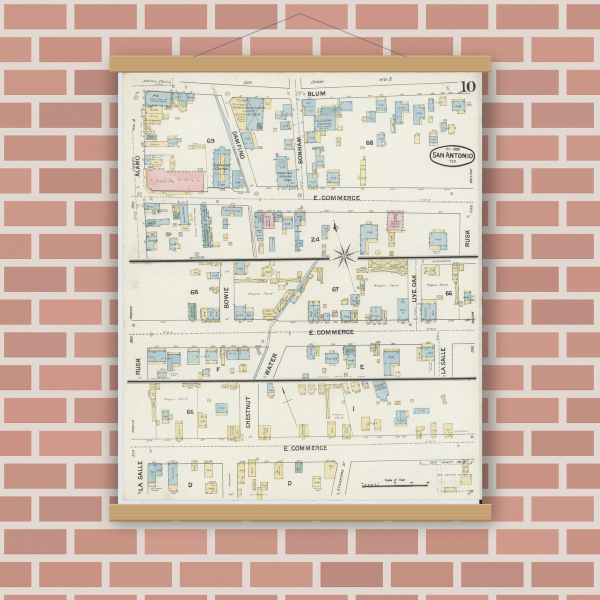 Old map wall art mockup — magnetic wood frame on brick wall — Sanborn Fire Insurance Map from San Antonio, Bexar County, Texas (1888), Sheet #0010