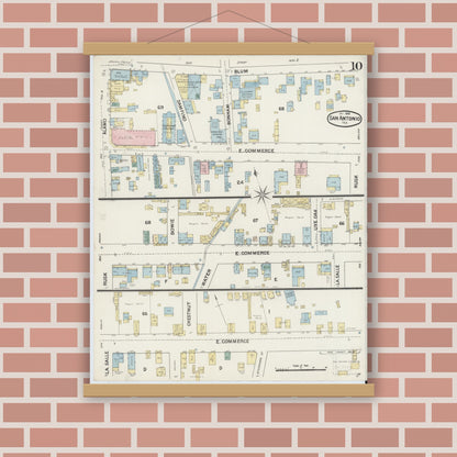 Old map wall art mockup — magnetic wood frame on brick wall — Sanborn Fire Insurance Map from San Antonio, Bexar County, Texas (1888), Sheet #0010